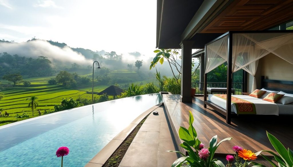 Luxury private pool villa in Ubud overlooking rice fields, representing accommodation cost of dating in Bali