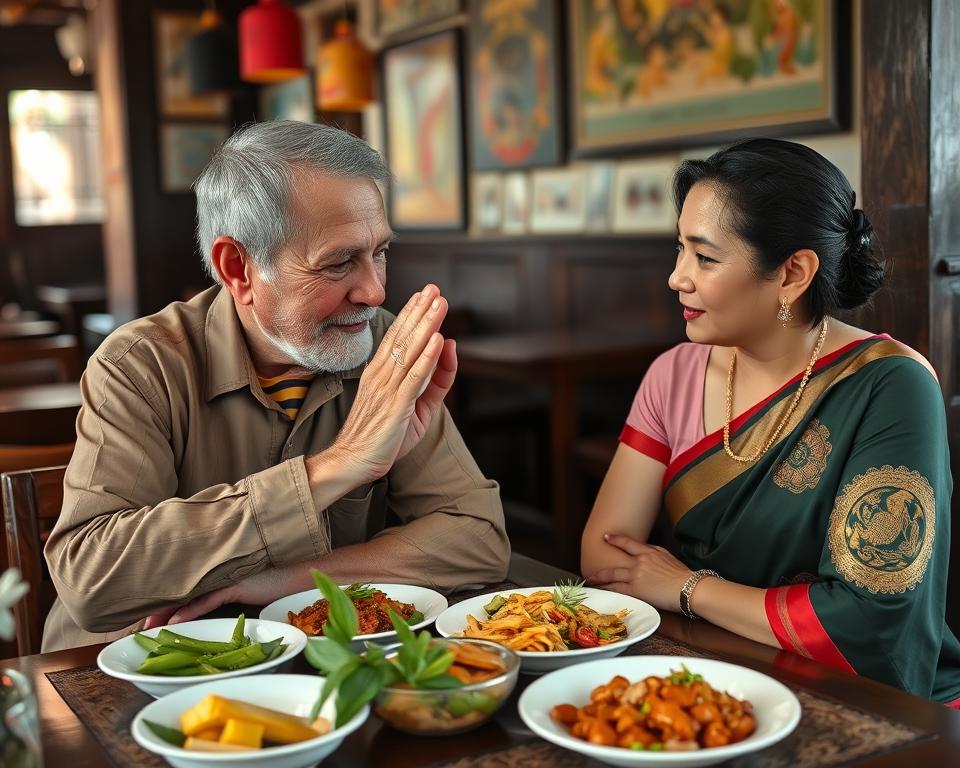 Man and woman at a traditional Thai restaurant with the man showing respect for Thai customs, illustrating proper etiquette in Phuket dating culture