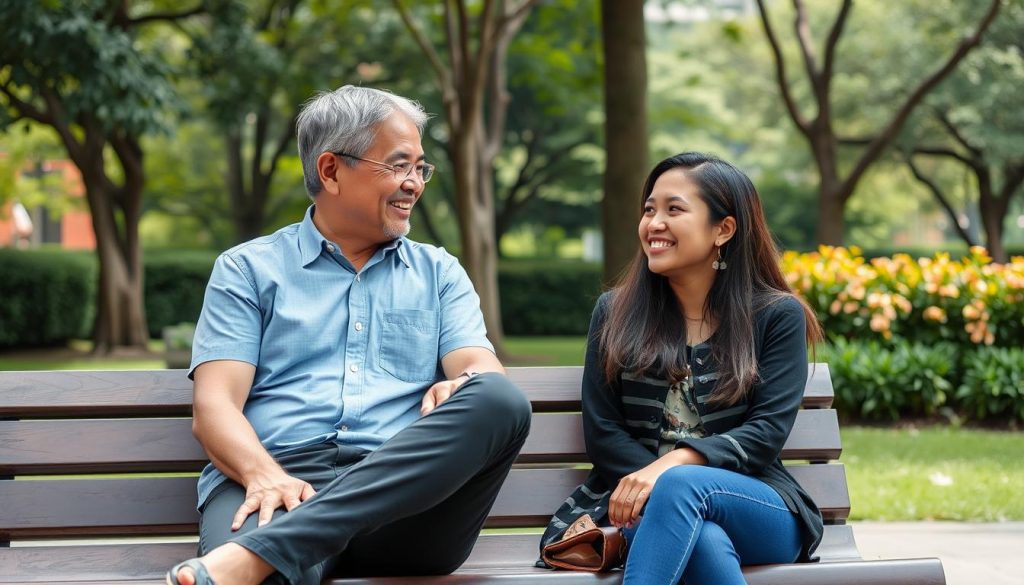 Man approaching a younger woman at Ayala Triangle Gardens in Manila using the ROI method