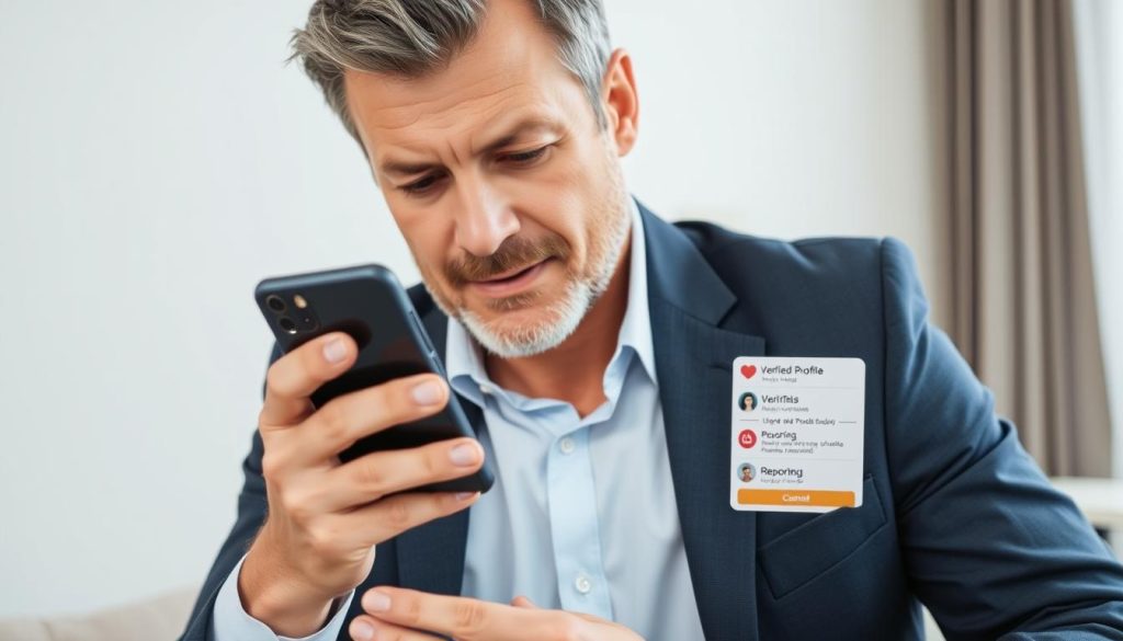 Man checking dating profile for verification badges and safety features