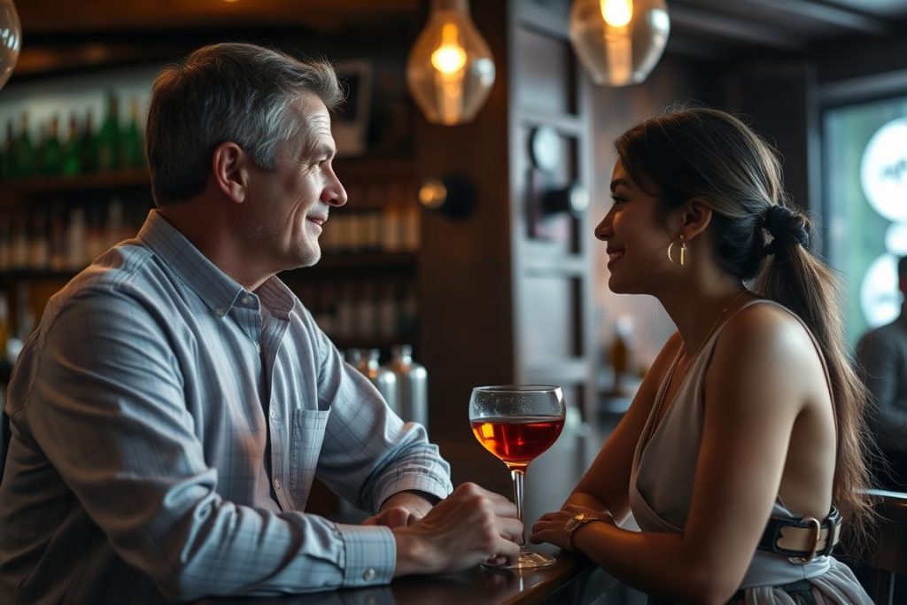 Man conversing with a woman at a bar in Siem Reap nightlife scene