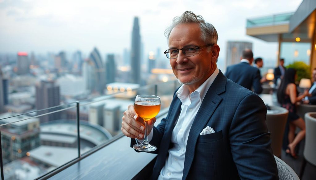 Man enjoying a drink at a hotel rooftop bar with city views in Southeast Asia