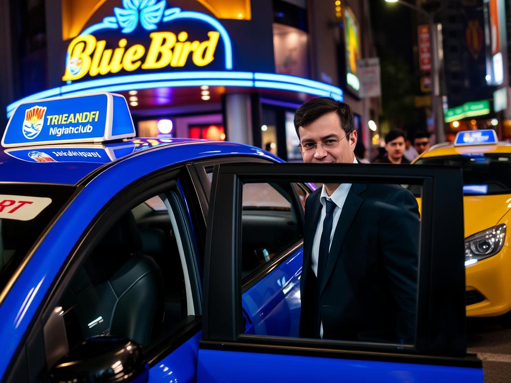 Man getting into a Blue Bird taxi outside a Jakarta nightclub
