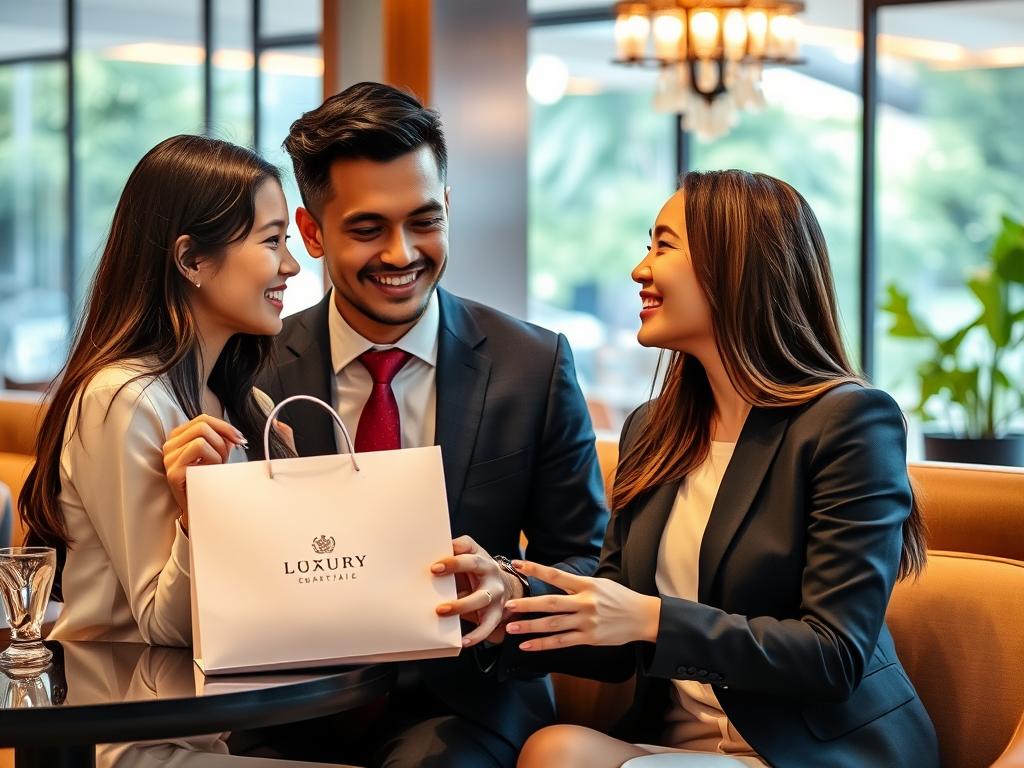 Man giving a gift to a woman during a date in Jakarta, illustrating gift expectations in Jakarta's dating culture