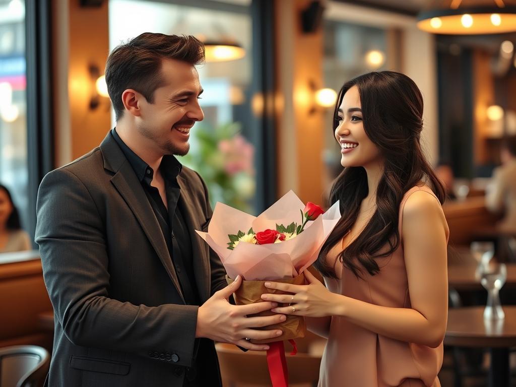 Man giving a gift to his Thai date, illustrating cultural gift-giving expectations in Thailand dating