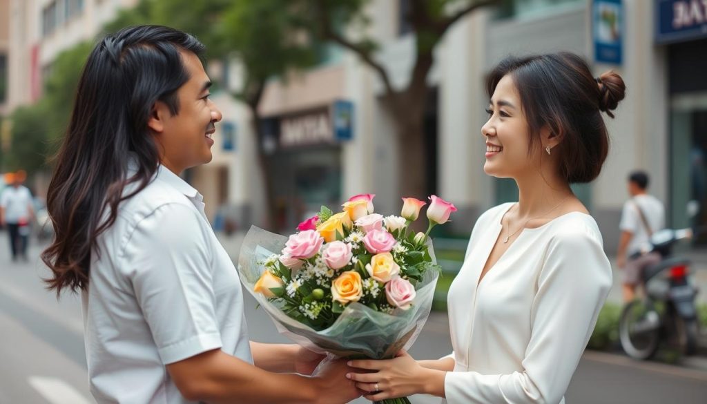 Man giving flowers to his Vietnamese date in Ho Chi Minh City