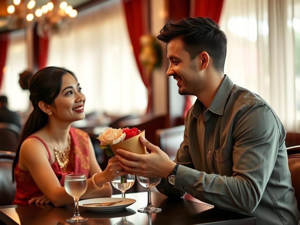 Man presenting a thoughtful gift to a Cambodian woman during a date in Phnom Penh