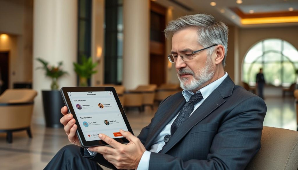 Man reviewing dating app premium features on tablet