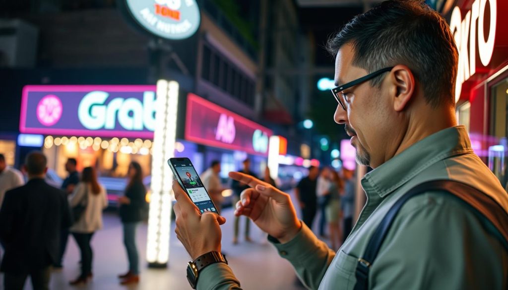 Man using Grab app to book transportation after an evening at a Manila nightclub