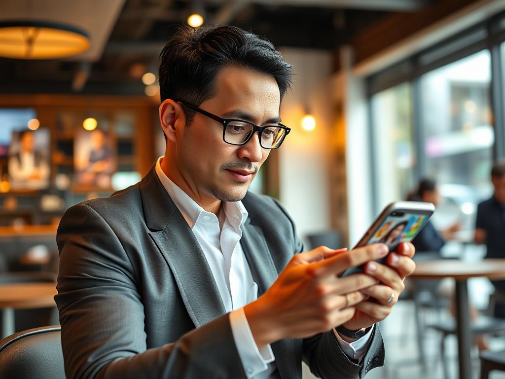 Man using Tinder app in a Manila cafe