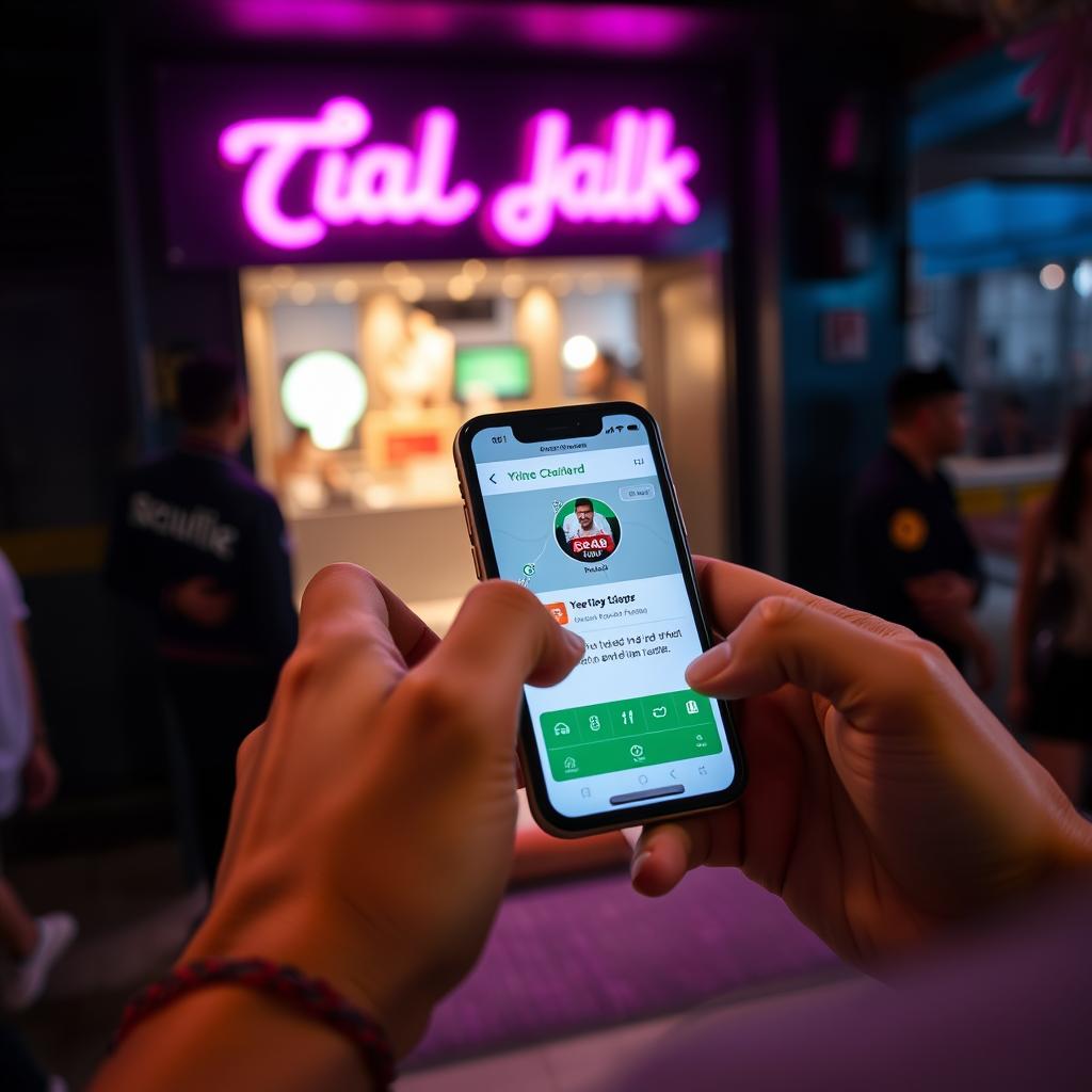 Man using a ride-sharing app on his phone outside a Bali nightclub