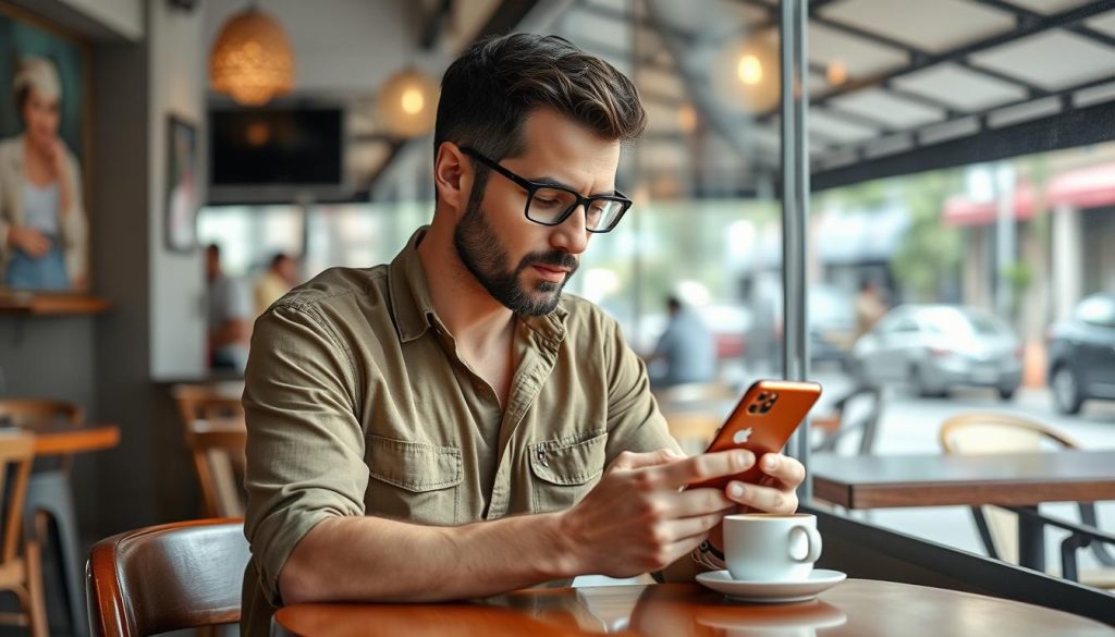 Man using dating app in Cambodia café
