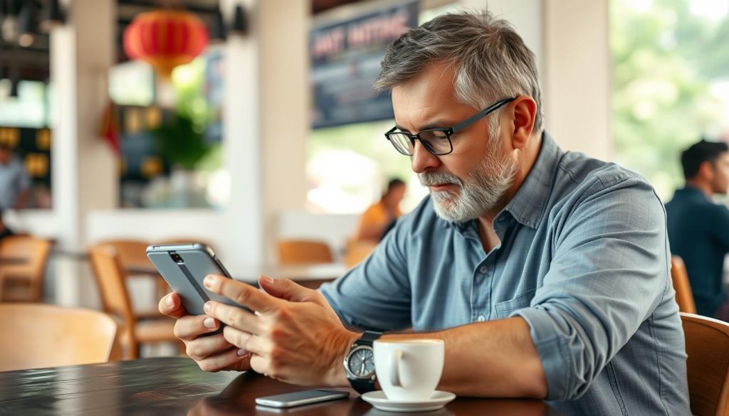Man using dating app on smartphone in Siem Reap cafe