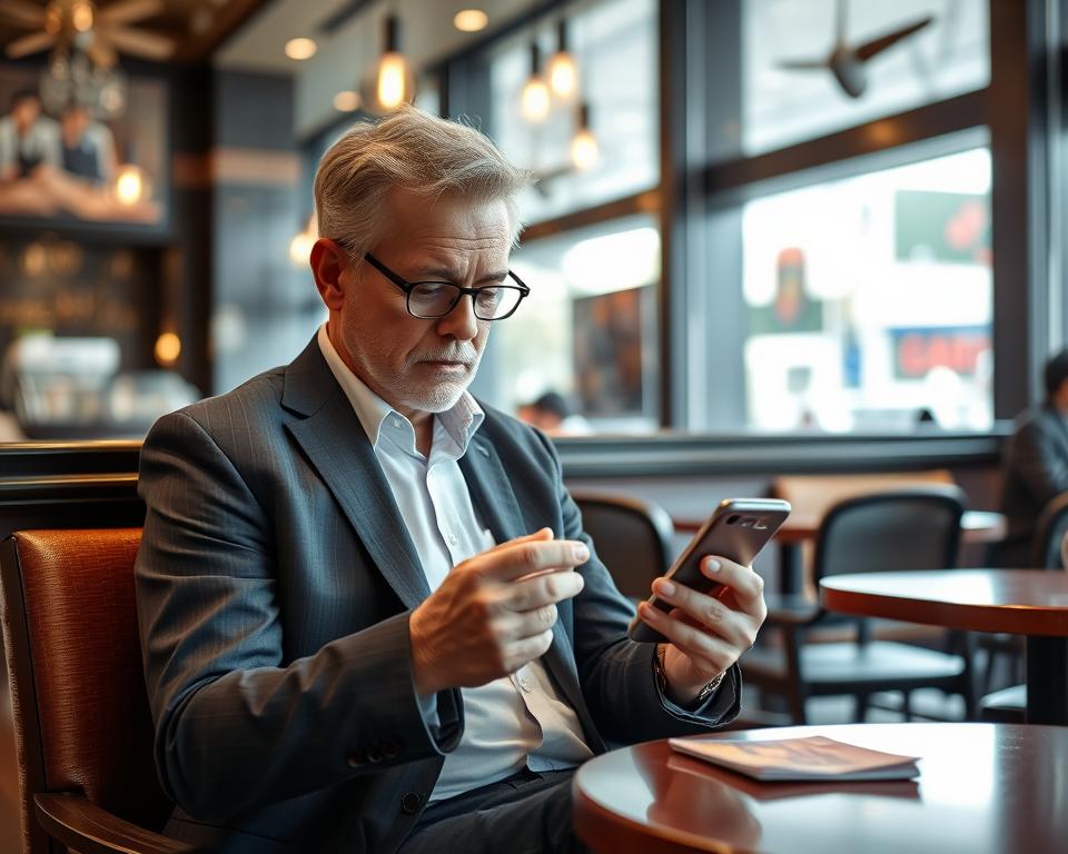 Man using multiple dating apps on smartphone in Angeles City cafe