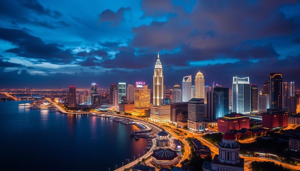 Manila skyline at night with luxury hotels illuminated