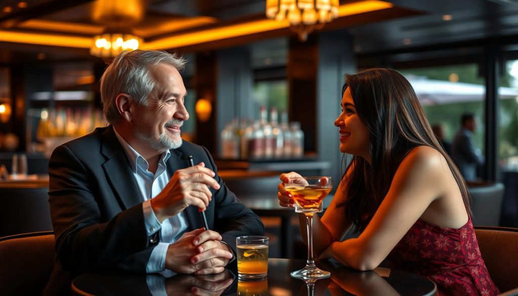 Mature couple enjoying Siem Reap nightlife at a sophisticated venue