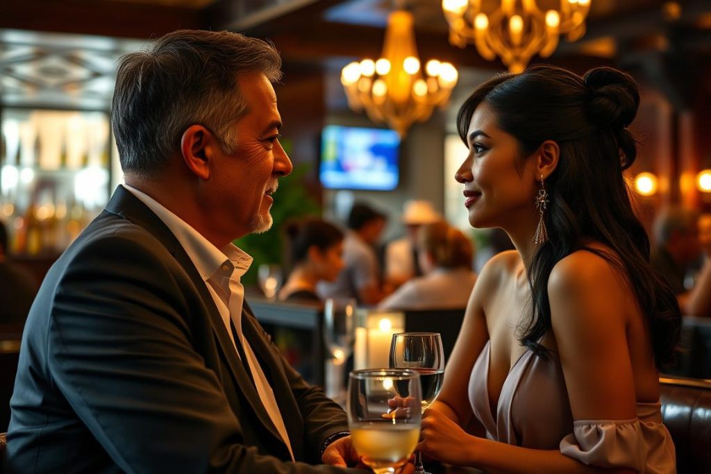 Mature foreign man and younger Cambodian woman engaged in conversation at an upscale bar in Phnom Penh