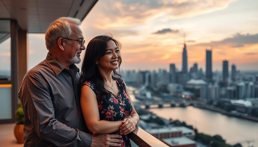 Mature interracial couple enjoying sunset view of Bangkok skyline