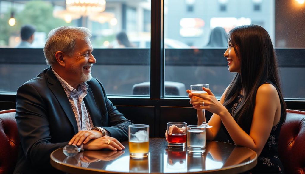 Mature man and younger woman engaged in respectful conversation at an upscale Manila lounge