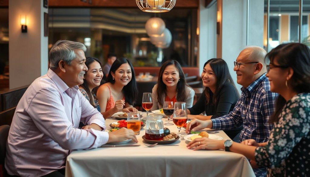 Mixed group of Filipino and foreign couples enjoying dinner together in Angeles City