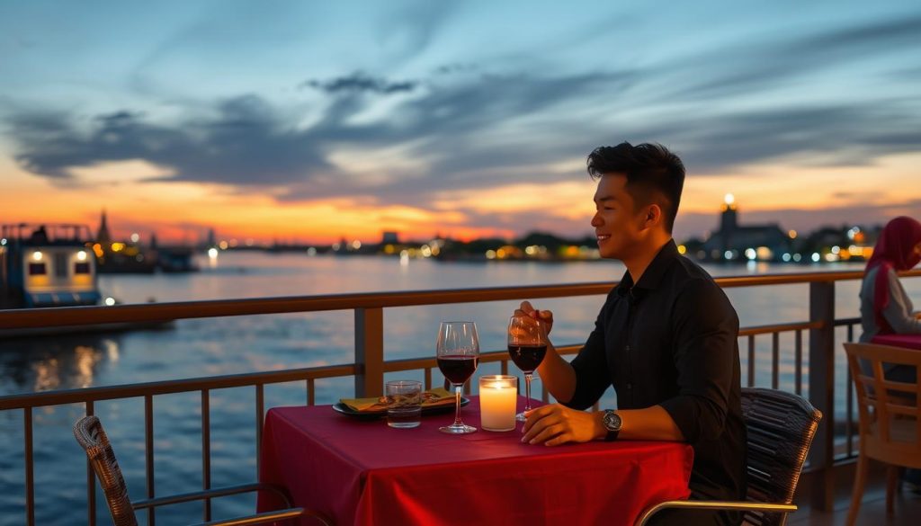 Modern Cambodian couple on a date at a riverside restaurant in Phnom Penh