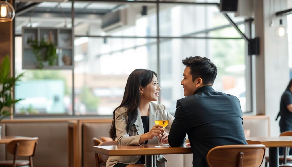 Modern Vietnamese couple on a date in a café, showing contemporary aspects of Vietnamese dating culture
