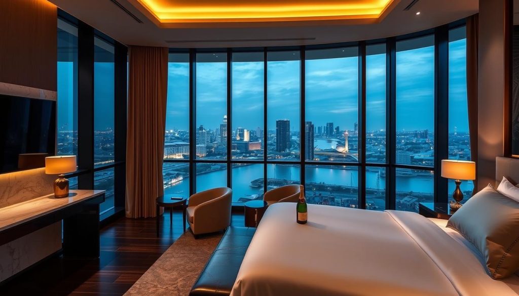 Modern luxury room with panoramic city views at Rosewood Phnom Penh