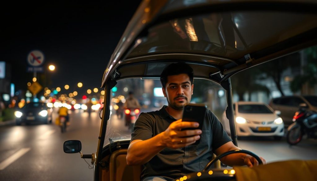 Modern tuk-tuk in Phnom Penh at night with city lights in background
