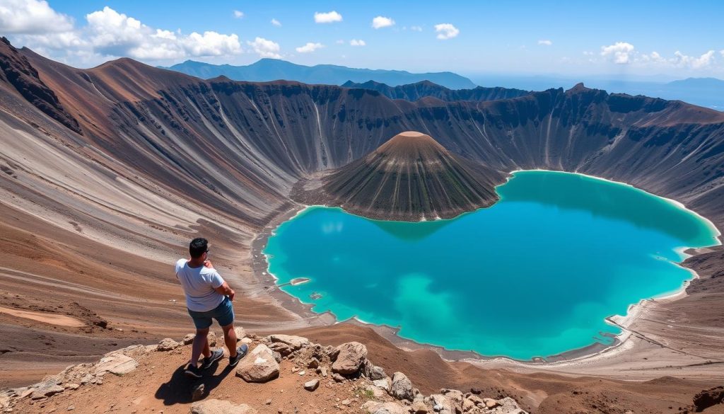 Mount Pinatubo crater lake with turquoise waters surrounded by volcanic landscape