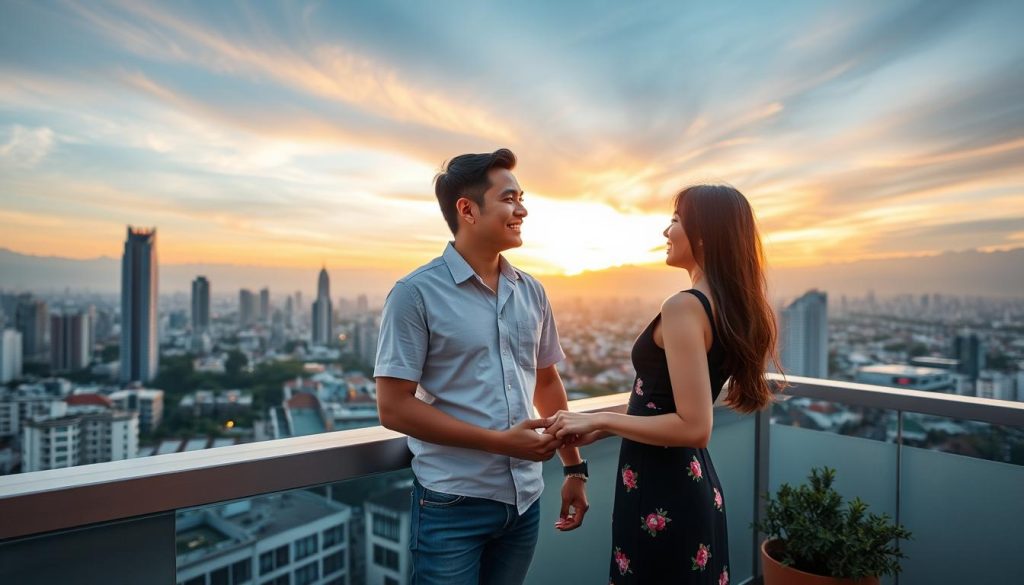 Multicultural couple enjoying sunset view of Ho Chi Minh City skyline