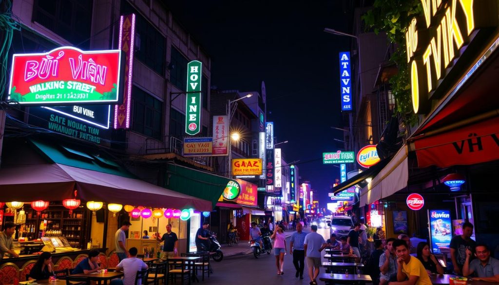 Nighttime view of Bui Vien Street near the best hotels Vietnam dating scene in Saigon best guest friendly hotels in vietnam for older men dating younger women