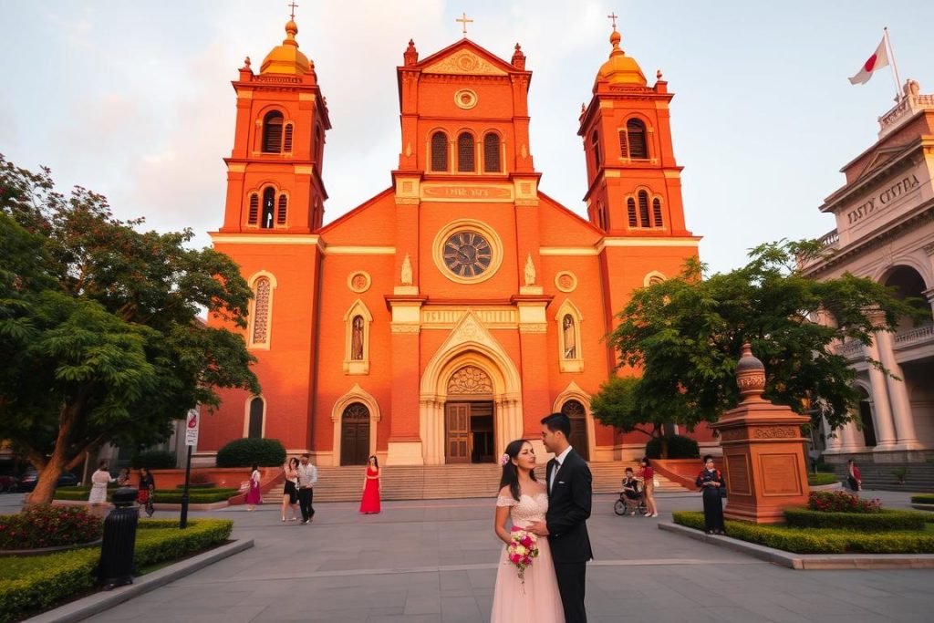 Notre Dame Cathedral in Ho Chi Minh City with couples taking photos in front