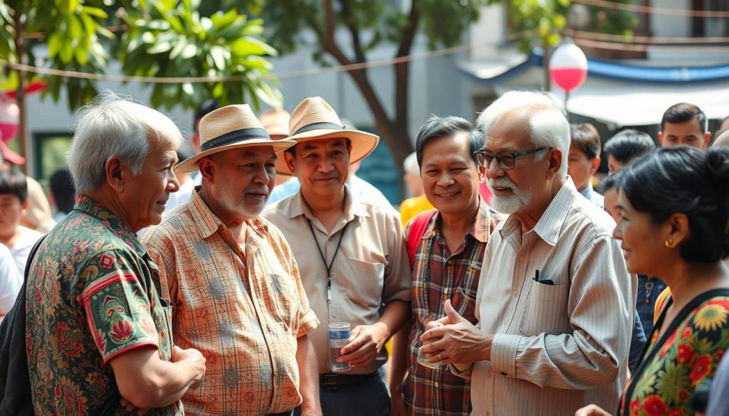 Older Western expatriates and locals at a community gathering in Southeast Asia