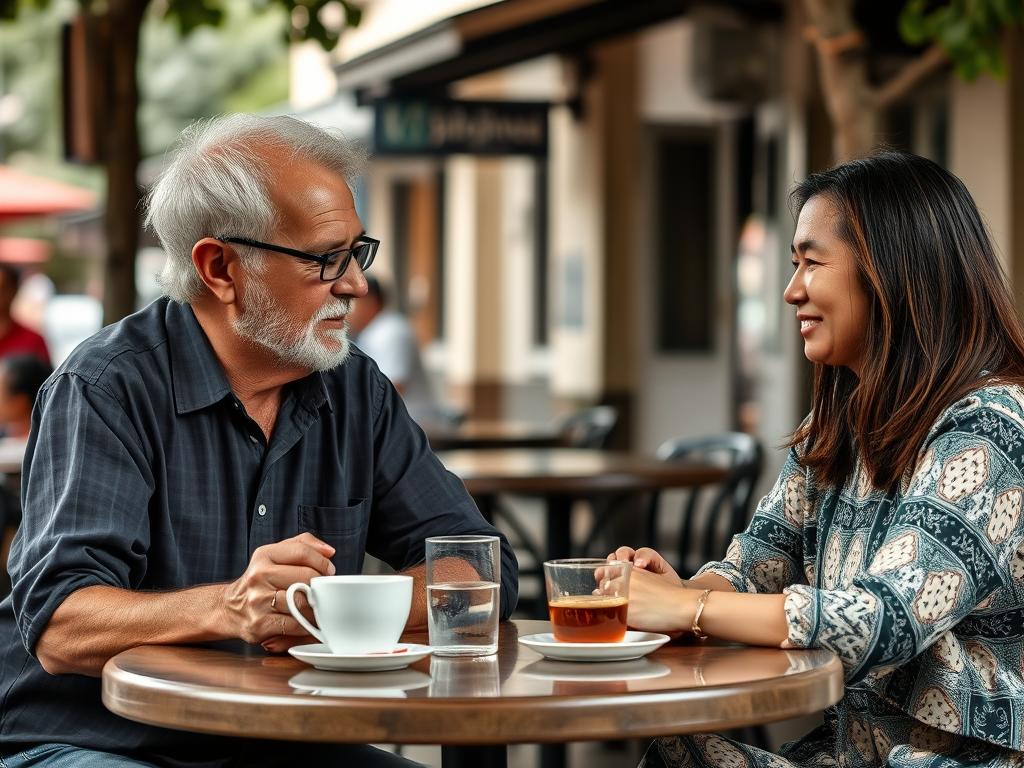 Older Western man and Cambodian woman having coffee at an outdoor cafe in Phnom Penh