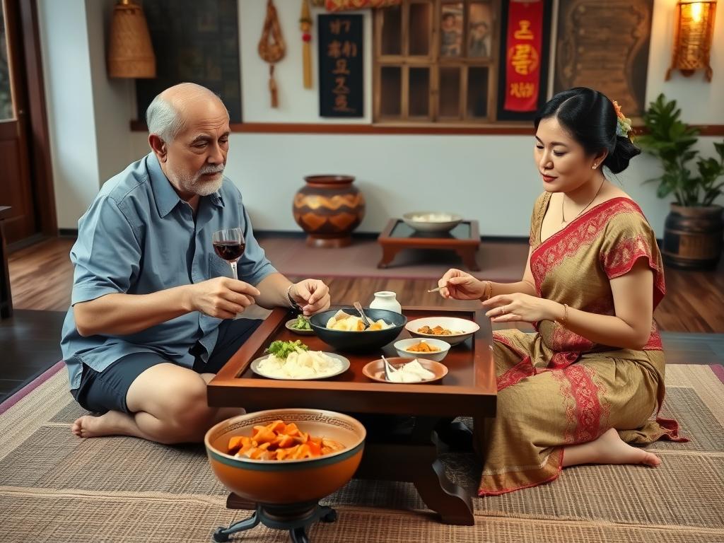 Older Western man and Thai woman enjoying a traditional Khantoke dinner in Chiang Mai
