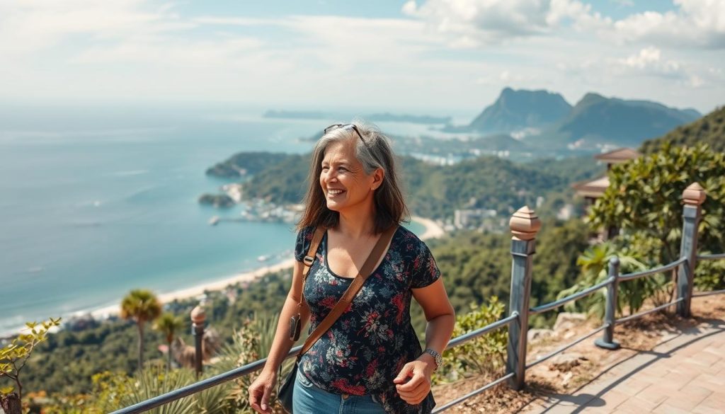 Older Western man and Thai woman enjoying a walk along a scenic viewpoint in Phuket, representing successful cross-cultural dating