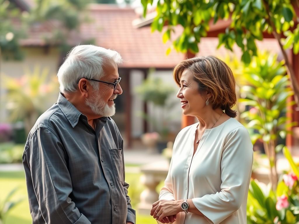 Older Western man and Thai woman of similar age enjoying a conversation in a garden