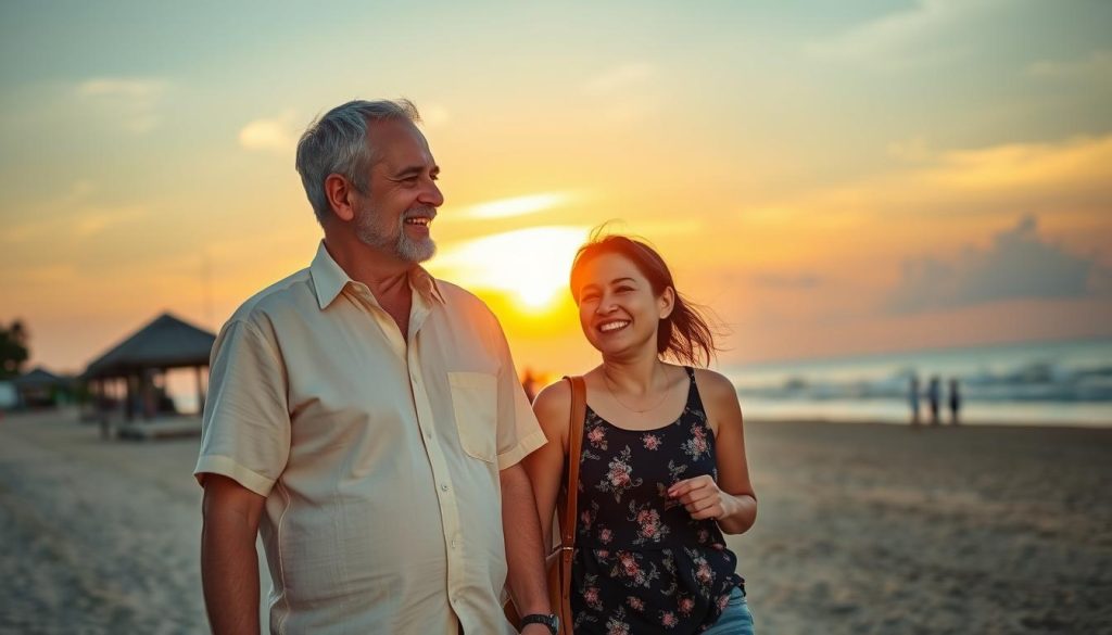 Older Western man and Thai woman on a date at Pattaya beach