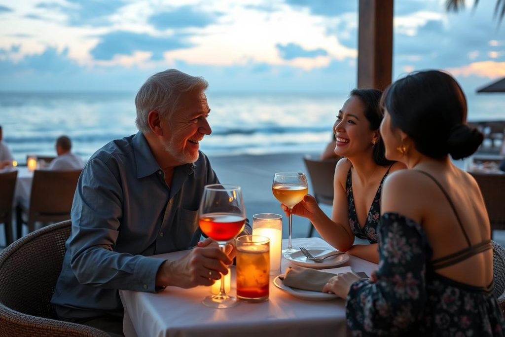 Older Western man and younger Asian woman enjoying conversation at a beachfront restaurant in Bali