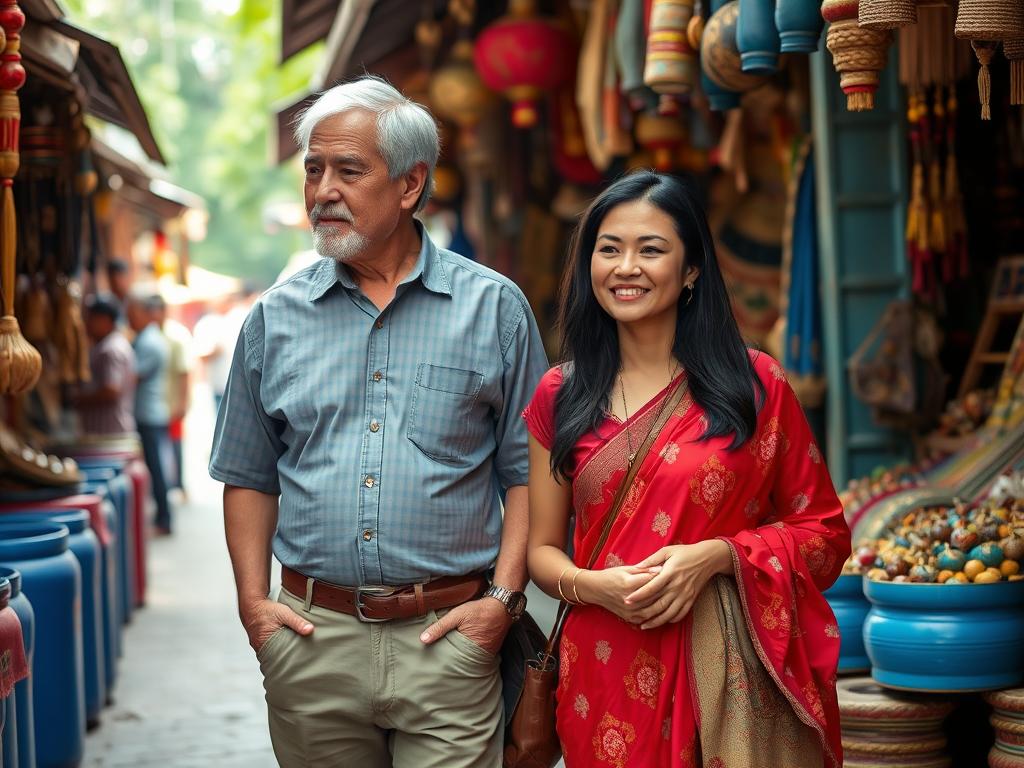 Older Western man and younger Cambodian woman walking through a traditional market in Phnom Penh
