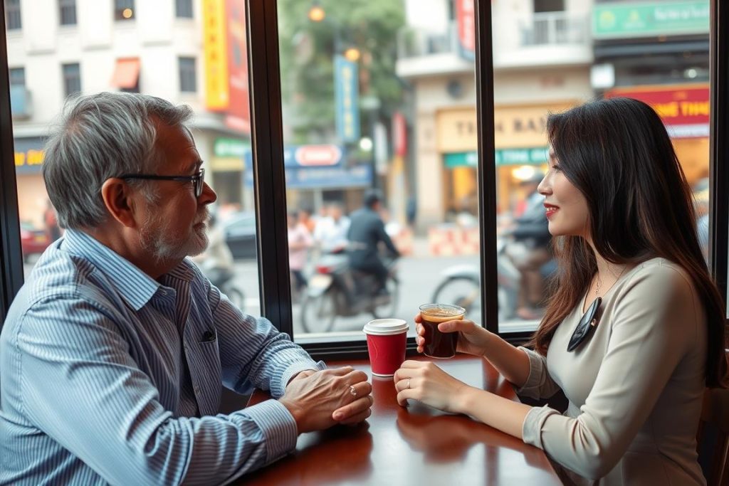 Older Western man and younger Vietnamese woman enjoying coffee at a Saigon cafe