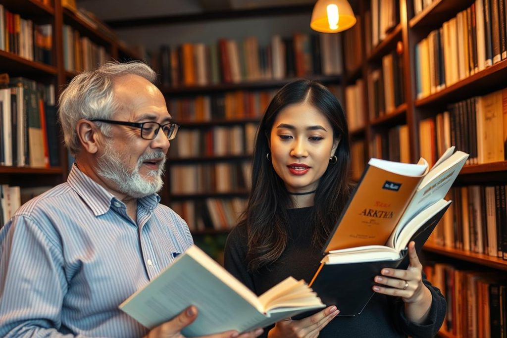 Older Western man and younger Vietnamese woman having conversation in a bookstore in Hanoi, representing intellectual aspect of hanoi dating culture Older Western man and younger Vietnamese woman having conversation in a bookstore in Hanoi, representing intellectual aspect of hanoi dating culture