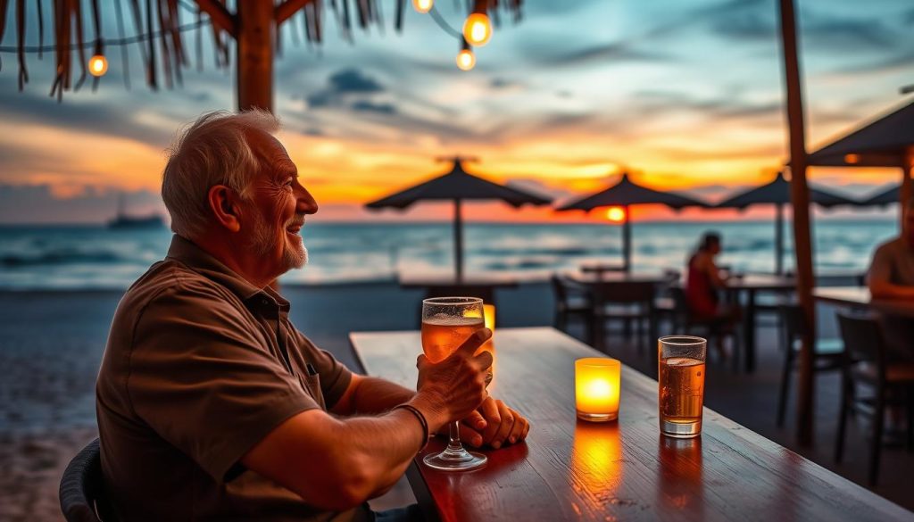 Older Western man enjoying a sunset drink at a beachfront bar in Southeast Asia