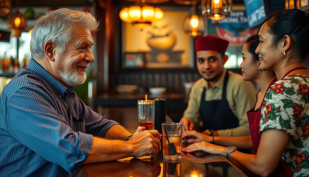 Older Western man respectfully interacting with local staff at a Southeast Asian bar