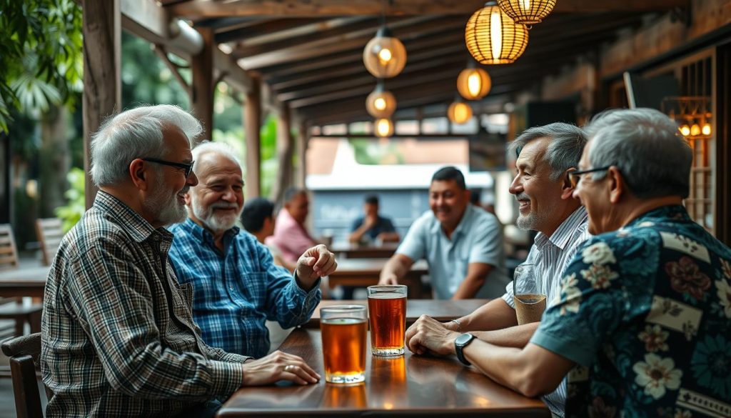 Older Western men and locals enjoying conversation at a relaxed outdoor bar in Southeast Asia