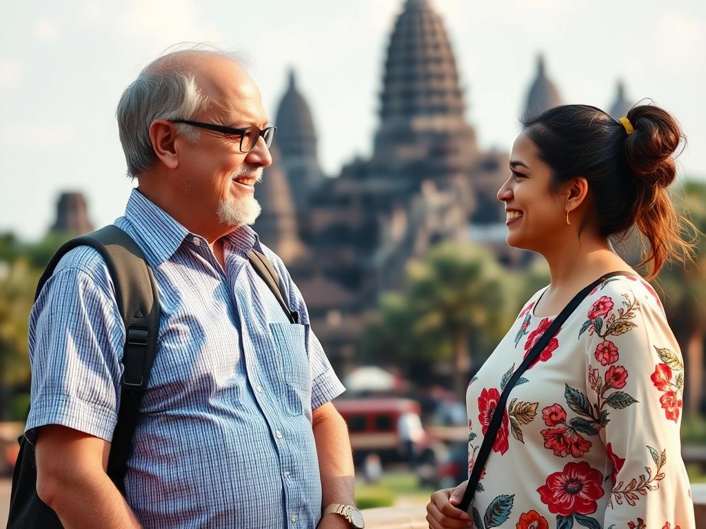 Older man and Cambodian woman enjoying conversation at Angkor Wat