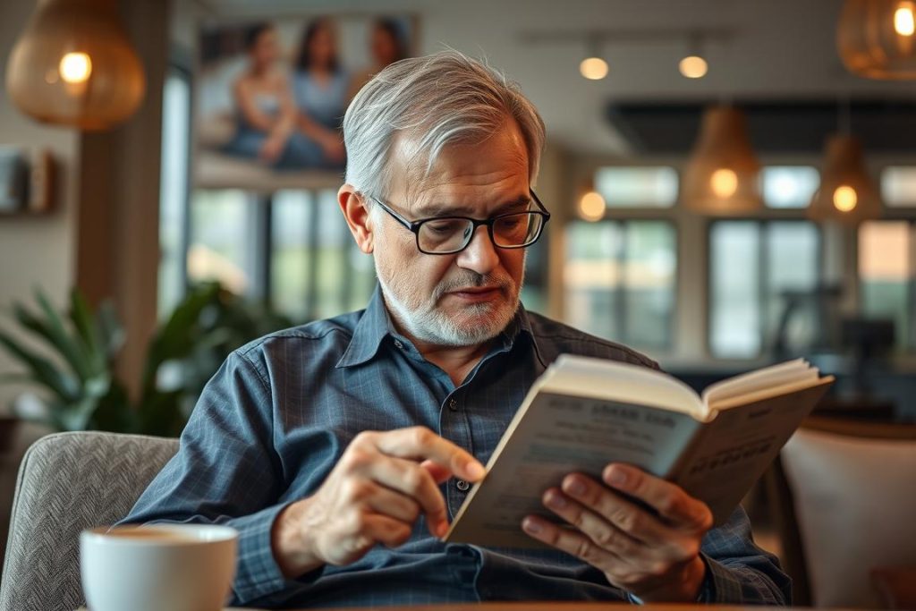 Older man learning basic Thai phrases from a language book