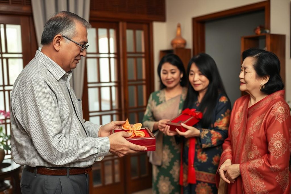 Older man meeting Vietnamese family, showing respect through traditional gift-giving in Vietnamese dating culture