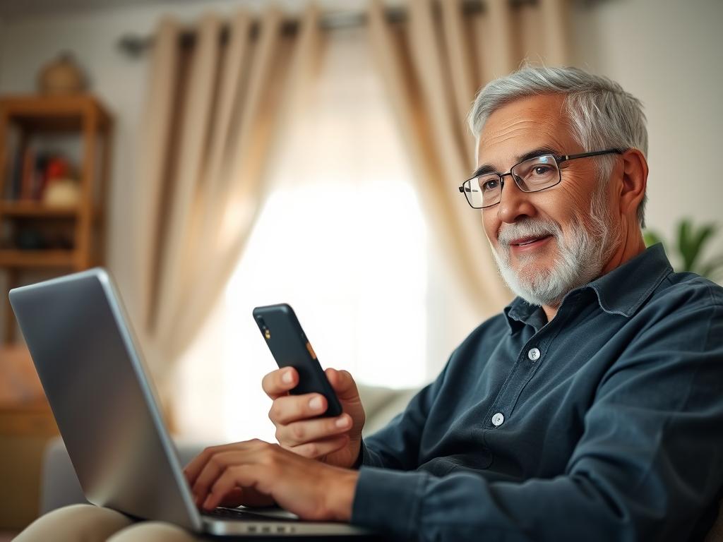 Older man video chatting with Cambodian woman