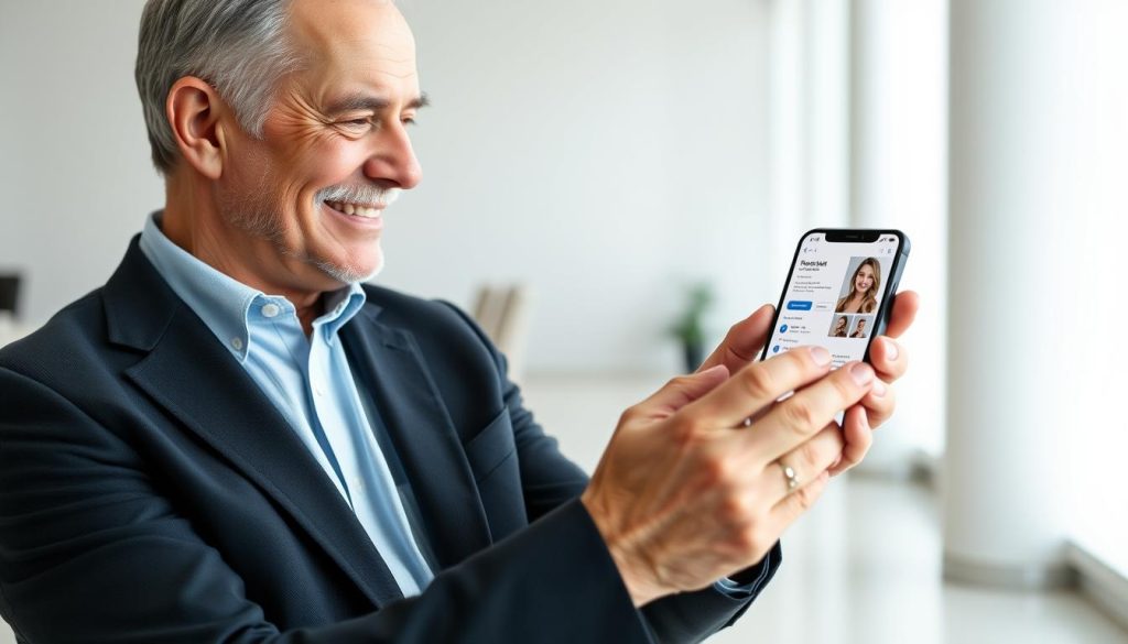 Older man with well-optimized dating profile on smartphone